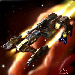 Rule 34 | artist name, cannon, concept art, corvette (eve online), eve online, fire, gatling gun, glowing, highres, machinery, military, military vehicle, minmatar republic (eve online), no humans, novafox, original, outdoors, science fiction, sky, space, space ship, spacecraft, spaceship, star (sky), starry sky, thrusters, vehicle focus