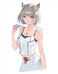 Rule 34 | 1girl, animal ears, breasts, camisole, chest jewel, cropped legs, grey hair, mio (xenoblade), parted lips, short hair, simple background, skirt, small breasts, solo, twitter username, white background, white camisole, white skirt, xenoblade chronicles (series), xenoblade chronicles 3, yellow eyes, za210n