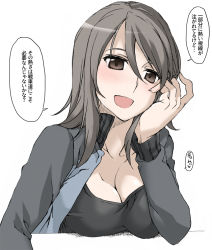 Rule 34 | 10s, 1girl, black shirt, blue jacket, blush, breasts, brown eyes, brown hair, cleavage, commentary request, elbow rest, elf (stroll in the woods), girls und panzer, head rest, jacket, keizoku military uniform, large breasts, long hair, long sleeves, looking at viewer, mika (girls und panzer), military, military uniform, no headwear, open clothes, open jacket, open mouth, raglan sleeves, shirt, simple background, smile, solo, track jacket, translation request, uniform, upper body, white background