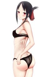 Rule 34 | 1girl, absurdres, ass, black hair, black panties, blush, bra, breasts, butt crack, closed mouth, ero daisuki, eyebrows, folded ponytail, from behind, gluteal fold, hair ribbon, half-closed eyes, hand on own ass, hands on own hips, highres, kaguya-sama wa kokurasetai ~tensai-tachi no renai zunousen~, long hair, looking at viewer, looking back, medium breasts, panties, parted bangs, parted lips, red eyes, red ribbon, ribbon, shinomiya kaguya, shiny skin, sideboob, simple background, solo, standing, underwear, underwear only, white background