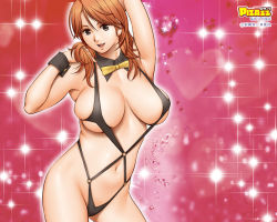 Rule 34 | 1girl, action pizazz, armpits, bow, bowtie, breasts, brown hair, cleavage, deep skin, large breasts, official art, official wallpaper, saigado, slingshot swimsuit, solo, swimsuit, wallpaper, wrist cuffs