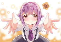 Rule 34 | 10s, 1girl, :t, angry, blush, brown eyes, chocho (homelessfox), hair ornament, idolmaster, idolmaster cinderella girls, koshimizu sachiko, long sleeves, looking at viewer, necktie, outstretched arms, pout, purple hair, reaching, reaching towards viewer, short hair, skirt, solo, suspenders, tears