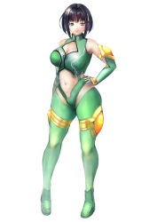 Rule 34 | 1girl, absurdres, boots, breasts, cleavage, cleavage cutout, clothing cutout, elbow gloves, fingerless gloves, full body, gloves, hand on own hip, highres, katia grineal, kitana inuo, large breasts, looking at viewer, stomach cutout, navel, pilot suit, smile, solo, super robot wars, super robot wars judgement, thick thighs, thigh boots, thighhighs, thighs