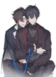 Rule 34 | 2boys, black gloves, black hair, black jacket, black pants, black shirt, blue eyes, blue necktie, buried stars, chest harness, chinese commentary, closed eyes, closed mouth, commentary request, fingerless gloves, formal, gloves, grey shirt, hair between eyes, han do-yoon, harness, highres, holding necktie, hug, hug from behind, jacket, lee gyu-hyuk, long sleeves, looking down, male focus, mole, mole under eye, multiple boys, necktie, open mouth, pants, shirt, simple background, sitting, smile, striped clothes, striped shirt, suit, unworn necktie, white background, yaoi, yusa (yusa0751)