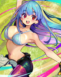 Rule 34 | 1girl, arm up, armpits, blue bra, blue hair, blunt bangs, blush, bodysuit, bra, breasts, collarbone, cropped jacket, gloves, kula diamond, large breasts, long hair, looking at viewer, navel, onono imoko, open bodysuit, open clothes, open mouth, outstretched arms, red eyes, smile, snk, solo, spread arms, the king of fighters, underwear, yellow gloves, zipper