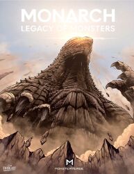 Rule 34 | blue sky, claws, clear sky, crossover, day, dinosaur, dirt, dust, english text, from below, giant, giant monster, godzilla, godzilla (2014), godzilla (series), highres, kaijuu, king kong (series), legendary pictures, monarch: legacy of monsters, monster, monsterverse, no humans, open mouth, sharp teeth, signature, sky, sun, tail, teeth, thomas johnson, toho