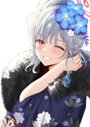 Rule 34 | 1girl, absurdres, blue archive, blue kimono, blush, braid, floral print, flower, fur-trimmed kimono, fur trim, grey hair, grin, hair bun, hair flower, hair ornament, tucking hair, halo, hand up, haruna (blue archive), haruna (new year) (blue archive), highres, japanese clothes, kimono, long sleeves, looking at viewer, medium hair, official alternate costume, one eye closed, paid reward available, ramanda, red eyes, single braid, smile, solo, upper body