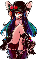 Rule 34 | &gt;:d, 1girl, :d, arms behind head, black skirt, blouse, blue hair, boots, crossed legs, evil smile, fang, food, fruit, highres, hinanawi tenshi, large hat, long hair, looking at viewer, naughty face, necro (nekurodayo), open mouth, peach, red eyes, shirt, sitting, skirt, skirt set, smile, solo, thighs, touhou, v-shaped eyebrows, white shirt