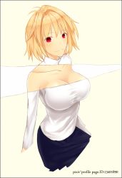 Rule 34 | 00s, 1girl, antenna hair, ao sora heki, aosora aoi, arcueid brunestud, bad id, bad pixiv id, blonde hair, border, breasts, cleavage, collarbone, female focus, impossible clothes, impossible sweater, large breasts, no bra, page tear, red eyes, revealing layer, short hair, simple background, skirt, smile, solo, sweater, taut clothes, tsukihime, turtleneck, watermark, web address, white background