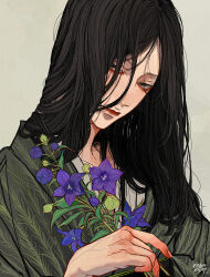 Rule 34 | 1boy, absurdres, bellflower, black eyes, black hair, chinese bellflower, closed mouth, flower, green kimono, grey background, hair over one eye, highres, holding, holding flower, japanese clothes, kagoya1219, kimono, long hair, looking at viewer, male focus, original, purple flower, signature, simple background, solo, upper body