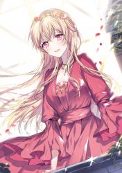 Rule 34 | 1girl, bang dream!, blonde hair, blush, dress, glint, hair blowing, half updo, head wreath, jewelry, long hair, long sleeves, looking at viewer, necklace, nennen, open mouth, petals, pink eyes, red dress, shirasagi chisato, solo, sparkle, wide sleeves