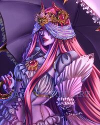 1girl baal_zebul_(bayonetta) bayonetta_(series) bayonetta_3 crown demon demon_girl dress gold_crown gold_trim highres holding holding_umbrella long_hair looking_at_viewer purple_dress red_eyes red_hair sadsquatch-art sharp_teeth sidelocks solo teeth umbrella very_long_hair