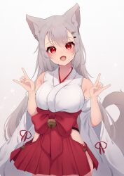 Rule 34 | 1girl, absurdres, animal ears, breasts, double fox shadow puppet, fox ears, fox girl, fox shadow puppet, fox tail, gradient background, grey background, grey hair, hakama, highres, hinata (user rjkt4745), japanese clothes, large breasts, long hair, looking at viewer, miko, original, red hakama, tail