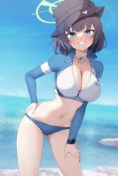 Rule 34 | 1girl, absurdres, bikini, blue archive, blue bikini, blush, breasts, bucket hat, cameltoe, cleavage, cleft of venus, collarbone, gluteal fold, halo, hand on own hip, hat, highres, large breasts, long sleeves, looking at viewer, navel, official alternate costume, outdoors, partially unzipped, purple hair, raglan sleeves, rash guard, saki (blue archive), saki (swimsuit) (blue archive), smile, solo, stomach, sweatdrop, swimsuit, watch, wristwatch, z.taiga