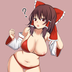 Rule 34 | 1girl, ?, bikini, bow, breasts, brown background, brown eyes, brown hair, cleavage, commentary request, cowboy shot, detached sleeves, hair bow, hair tubes, hakurei reimu, hand in own hair, highres, large breasts, looking at viewer, medium hair, mogura (mogura108), navel, nipple slip, nipples, open mouth, red bikini, red bow, ribbon-trimmed sleeves, ribbon trim, sidelocks, simple background, solo, swimsuit, touhou