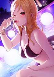 Rule 34 | 1girl, absurdres, bare shoulders, bikini, black bikini, blonde hair, blush, breasts, chair, cherry, cleavage, collarbone, commentary request, food, fruit, highres, idolmaster, idolmaster million live!, large breasts, looking at viewer, mikapoe, momose rio, night, one eye closed, outdoors, pool, poolside, red eyes, sitting, solo, swimsuit