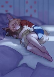 Rule 34 | 1girl, absurdres, ahoge, animal ears, bare legs, barefoot, bedroom, blonde hair, blue shorts, blurry, blurry background, closed eyes, fox ears, highres, hololive, hugging own tail, hugging tail, indoors, lying, multicolored hair, omaru polka, on bed, on side, pillow, pink hair, red shirt, sakaste, shirt, short sleeves, shorts, sleeping, solo, streaked hair, t-shirt, tail, twitter username, virtual youtuber