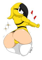 Rule 34 | 1girl, ass, curvy, dress, from behind, gender request, genderswap, highres, hip focus, mario (series), mask, nintendo, shy gal, shy guy, simple background, solo, super mario bros. 1, thick thighs, thighs, thong, white legwear, wide hips, yellow dress