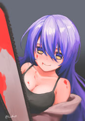 Rule 34 | 1girl, absurdres, black camisole, blood, blood on face, blush, camisole, chainsaw, dhokidoki, highres, hololive, hololive indonesia, moona hoshinova, multicolored eyes, off-shoulder jacket, off shoulder, purple hair, solo, twitter username, upper body, virtual youtuber, yandere