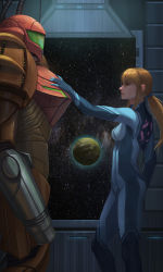Rule 34 | 1girl, arm cannon, armor, armpits, blonde hair, bodysuit, from side, hair between eyes, highres, indoors, low ponytail, metroid, metroid: other m, nintendo, planet, ponytail, power armor, samus aran, skin tight, smile, solo, space, standing, star (sky), varia suit, weapon, window, yagaminoue, zero suit