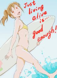 Rule 34 | 1girl, barefoot, bikini, blue background, breasts, english text, gradient background, head tilt, highres, holding, holding surfboard, long hair, monodevil, navel, ocean, open mouth, original, red eyes, sidelocks, sky, small breasts, solo, splashing, surfboard, swimsuit, twintails, walking, yellow bikini