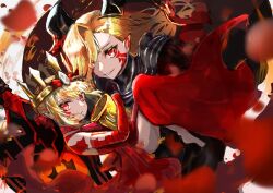 Rule 34 | 2girls, armor, artist request, black armor, black horns, blonde hair, cape, chalice, child, crown, cup, dragon horns, facial mark, fate/grand order, fate (series), flower, from above, chalice, holding, holy grail (fate), horns, long hair, looking at viewer, multiple girls, nero claudius (fate), nero claudius (fate) (all), petals, pointy ears, queen draco (fate), queen draco (first ascension) (fate), queen draco (third ascension) (fate), red cape, red eyes, red flower, red rose, rose, rose petals, smile, wavy hair