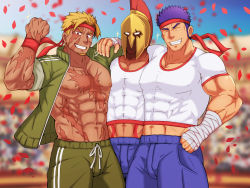 Rule 34 | 3boys, abs, alternate costume, bad id, bad pixiv id, bandages, bara, beowulf (fate), blonde hair, bulge, fate (series), fergus mac roich (fate), flexing, headband, helmet, hug, leonidas (fate), male focus, midriff, multiple boys, muscle cavalier (fate/grand order), muscular, navel, pectoral docking, pectoral press, purple hair, red eyes, scar, thick thighs, thighs, vert cypres