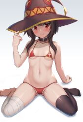 Rule 34 | 1girl, absurdres, adjusting clothes, adjusting headwear, bandaged leg, bandages, belt collar, bikini, black hair, blush, breasts, brown hat, closed mouth, collar, collarbone, commentary request, full body, gluteal fold, hat, highres, hormone koijirou, kono subarashii sekai ni shukufuku wo!, looking at viewer, medium hair, megumin, micro bikini, navel, partially visible vulva, red bikini, red eyes, shadow, simple background, single thighhigh, sitting, small breasts, smile, solo, swimsuit, tareme, thighhighs, thighs, wariza, white background, witch hat