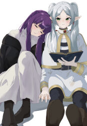 Rule 34 | 2girls, absurdres, belt, black footwear, black pantyhose, book, brown footwear, capelet, commentary, earrings, elf, fern (sousou no frieren), frieren, gold trim, green eyes, head on another&#039;s shoulder, highres, holding, holding book, holding hands, jewelry, knees up, long hair, multiple girls, open book, pantyhose, pointy ears, purple hair, qto toto, robe, shirt, sitting, smile, sousou no frieren, striped clothes, striped shirt, twintails, white background, white capelet, white hair