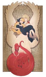 Rule 34 | 2girls, bird wings, black dress, blonde hair, book, border, carrying, chimera, claws, closed eyes, detached collar, detached sleeves, dragon tail, dress, dungeon meshi, facing viewer, falin touden, falin touden (chimera), feathered wings, feathers, from above, full body, fur-trimmed sleeves, fur trim, green eyes, hair over one eye, head scarf, highres, holding, holding book, long hair, lying, lying on person, marcille donato, marcille donato (lord), monster girl, multiple girls, on back, on side, one eye covered, outside border, princess carry, short hair, size difference, smile, spoilers, strapless, strapless dress, swept bangs, tail, tinum (platinum pp), white border, wings, yuri
