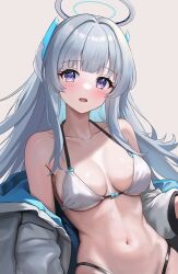 Rule 34 | 1girl, armpit crease, bikini, blue archive, blush, breasts, collarbone, fanteam, gradient eyes, halo, highres, jacket, long hair, looking at viewer, mechanical halo, medium breasts, multicolored clothes, multicolored eyes, multicolored jacket, navel, noa (blue archive), open clothes, open jacket, open mouth, simple background, solo, swimsuit, two-tone jacket, white bikini, white hair, white jacket
