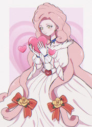 Rule 34 | 1girl, back arrow, blush, bow, dress, earrings, fine forte, flower, gloves, heart, highres, holding, holding heart, iyo (despair), jewelry, jpeg artifacts, light smile, long hair, looking at viewer, pink background, pink hair, red bow, solo, very long hair, white dress, white gloves, yellow eyes