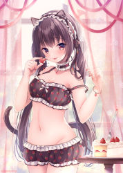 Rule 34 | 1girl, :p, animal ears, black bra, black hair, black panties, blush, bra, brown eyes, cake, cat ears, cat girl, cat tail, closed mouth, commentary request, curtains, day, food, food print, fork, fruit, groin, hands up, holding, holding food, indoors, lingerie, long hair, looking at viewer, nail polish, navel, nemuri nemu, original, panties, print bra, print panties, red nails, red ribbon, ribbon, smile, solo, standing, strawberry, strawberry bra, strawberry panties, strawberry print, tail, tongue, tongue out, transparent, twintails, underwear, very long hair, window