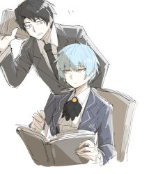 Rule 34 | 1boy, 1girl, angela (project moon), ascot, black ascot, black hair, black necktie, blue hair, book, chair, coat, collared shirt, formal, holding, holding book, kankan33333, library of ruina, light blue hair, looking at another, looking to the side, necktie, open book, project moon, roland (project moon), shirt, short hair, simple background, sitting, suit, white background, white shirt, yellow eyes
