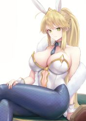 Rule 34 | 1girl, absurdres, animal ears, artoria pendragon (all), artoria pendragon (fate), artoria pendragon (swimsuit ruler) (fate), bare shoulders, blue neckwear, braid, breasts, cleavage, commentary request, crossed legs, crown, detached collar, fake animal ears, fate/grand order, fate (series), fishnet pantyhose, fishnets, fur scarf, gold trim, green eyes, hand on own leg, highres, large breasts, leotard, long hair, looking at viewer, navel, okuma707, pantyhose, playboy bunny, ponytail, rabbit ears, revision, scarf, sidelocks, simple background, sitting, solo, white background, white leotard, white scarf, wrist cuffs