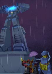 autobot blue_eyes dinosaur grimlock helmet highres holding holding_umbrella humanoid_robot lantana0_0 machine matrix_of_leadership mecha no_humans non-humanoid_robot optimus_prime rain robot robot_animal rodimus_prime science_fiction sitting statue transformers transformers:_generation_1 tyrannosaurus_rex umbrella