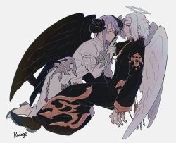 Rule 34 | 2boys, all fours, alternate costume, angel and devil, angel wings, arm at side, artist name, between legs, black footwear, black robe, black wings, circlet, commentary, curled horns, demon horns, emet-selch, feathered wings, final fantasy, final fantasy xiv, flat color, from side, full body, gloves, halo, hand up, highres, horns, hythlodaeus, long sleeves, looking at viewer, male focus, medium hair, multiple boys, profile, purple eyes, purple hair, radoge14, robe, shoes, sideways glance, signature, simple background, sitting, smile, white background, white footwear, white gloves, white robe, wings, yellow eyes