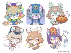 Rule 34 | &gt; &lt;, + +, 6+girls, :&lt;, :d, :o, animal, animal ears, animal on head, apron, arm up, artist name, ball octopus (genshin impact), bandaged leg, bandages, beret, blue apron, blue eyes, blue headwear, blue jacket, blush, blush stickers, bright pupils, brown hair, brown ribbon, brown shirt, closed eyes, closed mouth, commentary request, cooking pot, crossed bangs, elphane (genshin impact), emphasis lines, fish, fishing, fishing rod, flower (symbol), food, genshin impact, grey hair, guu tara3, hair between eyes, hands up, hat, highres, holding, holding fishing rod, holding paintbrush, hugging own legs, iara (genshin impact), jacket, knees up, light brown hair, long sleeves, looking at viewer, looking back, mamere (genshin impact), melusine (genshin impact), menthe (genshin impact), multiple girls, neck ribbon, octopus, on head, open mouth, paint on clothes, paint splatter, paintbrush, palette (object), parted bangs, peaked cap, pink eyes, purple eyes, purple hair, red headwear, red jacket, ribbon, screw, shirt, short hair, simple background, sitting, sleeve cuffs, smile, sparkle, steam, swept bangs, tail, twitter username, verenata (genshin impact), water, white background, white pupils, xana (genshin impact), yellow eyes