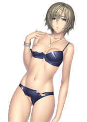 Rule 34 | 1girl, absurdres, aya brea, bare shoulders, blonde hair, blue bra, blue eyes, blue panties, bra, bracelet, breasts, covered erect nipples, female focus, gluteal fold, groin, highres, jewelry, kansuke, lingerie, navel, necklace, nipples, panties, parasite eve the 3rd birthday, short hair, simple background, solo, standing, torn bra, torn clothes, torn panties, underwear, underwear only, white background