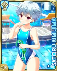 Rule 34 | 1girl, :o, blue one-piece swimsuit, card (medium), character name, competition swimsuit, covered navel, day, girlfriend (kari), indoor pool, indoors, kimijima satoru, looking at viewer, official art, one-piece swimsuit, open mouth, purple eyes, qp:flapper, short hair, standing, swimsuit, tagme, white hair