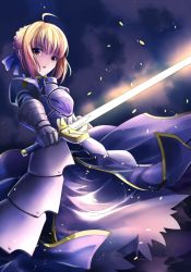 Rule 34 | 1girl, ahoge, armor, armored dress, artoria pendragon (fate), blonde hair, blue dress, blue ribbon, dress, excalibur (fate/stay night), fate/stay night, fate (series), gauntlets, hair ribbon, highres, holding, holding sword, holding weapon, janne cherry, open mouth, ribbon, saber (fate), short hair, solo, standing, sword, weapon, yellow eyes