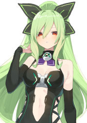 Rule 34 | 1girl, absurdres, bare shoulders, blush, breasts, buran buta, cleavage, clothing cutout, detached collar, dress, elbow gloves, gloves, green hair, hakozaki chika, highres, long hair, looking at viewer, medium breasts, navel, navel cutout, neptune (series), red eyes, smile, thighhighs