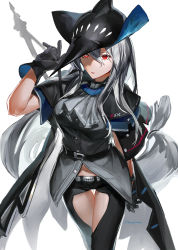 Rule 34 | 1girl, absurdres, arknights, ascot, belt, black belt, black capelet, black cloak, black gloves, black hat, black pants, breasts, capelet, cloak, closed mouth, clothing cutout, commentary, cowboy shot, expressionless, gloves, grey ascot, grey shirt, hair between eyes, hat, heterochromia, highres, infection monitor (arknights), long hair, looking at viewer, low-tied long hair, medium breasts, midriff, multicolored eyes, navel, odoroki itakotoni (kaiteki nakusshon), pants, red eyes, shirt, silver hair, simple background, skadi (arknights), solo, strap, sword, sword behind back, thigh cutout, thigh gap, thighs, twitter username, very long hair, weapon, white background