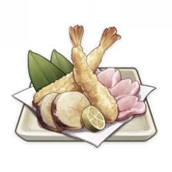 Rule 34 | artist request, commentary, english commentary, food, food focus, fruit, game cg, genshin impact, leaf, lemon, lemon slice, lowres, muted color, napkin, no humans, official art, petals, plate, simple background, still life, tempura, third-party source, transparent background