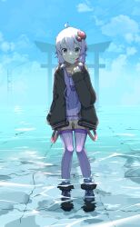 Rule 34 | 1girl, absurdres, ahoge, anklet, black footwear, black hoodie, blue sky, blush, bracelet, bright pupils, closed mouth, cloud, commentary, day, dress, empire waist, hair ornament, hand up, highres, hood, hood down, hoodie, jewelry, looking at viewer, open clothes, open hoodie, outdoors, power lines, purple dress, purple eyes, purple hair, purple thighhighs, refraction, ribbed dress, ribbed thighhighs, shallow water, shoes, short dress, short hair with long locks, skindentation, sky, sleeves past wrists, smile, solo, split mouth, standing, straight-on, thighhighs, tile floor, tiles, torii, vocaloid, voiceroid, wading, water, water world, white pupils, yakiniku-joan., yuzuki yukari, zettai ryouiki