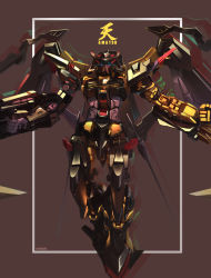 Rule 34 | absurdres, beam rifle, blue eyes, brayanong999, clenched hand, commentary, energy gun, english commentary, glowing, glowing eyes, gun, gundam, gundam astray gold frame amatsu mina custom, gundam seed, gundam seed astray, highres, holding, holding gun, holding weapon, looking at viewer, looking down, mecha, no humans, open hand, robot, solo, weapon