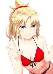Rule 34 | 1girl, bad id, bad pixiv id, bikini, blonde hair, blush, braid, breasts, cleavage, dutch angle, fate/apocrypha, fate/grand order, fate (series), french braid, front-tie bikini top, front-tie top, green eyes, highres, looking at viewer, medium breasts, mordred (fate), mordred (fate) (all), mordred (fate/apocrypha), mordred (swimsuit rider) (fate), mordred (swimsuit rider) (first ascension) (fate), navel, ponytail, red bikini, red scrunchie, scrunchie, smile, solo, string bikini, swimsuit, v, wakegi9315, white background