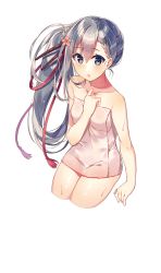 Rule 34 | 1girl, :o, blue eyes, braid, cropped legs, flower, french braid, hair flower, hair ornament, hairpin, highres, long hair, looking at viewer, naked towel, shirohime quest, side ponytail, silver hair, solo, takada jou, towel, transparent background, wet