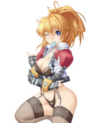Rule 34 | 1girl, banpresto, blonde hair, bra, breasts, caryo, cleavage, condom, condom in mouth, excellen browning, garter straps, lace, lace-trimmed bra, lace-trimmed legwear, lace-trimmed panties, lace trim, large breasts, lingerie, mouth hold, one eye closed, panties, photoshop (medium), solo, super robot wars, tabigarasu, thighhighs, underwear, wink