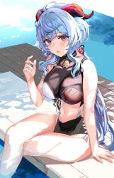 Rule 34 | 1girl, ahoge, bell, blue eyes, blush, breasts, clothing cutout, crossed legs, ganyu (genshin impact), genshin impact, goat horns, hand up, highres, horns, large breasts, long hair, looking at viewer, navel, neck bell, one-piece swimsuit, open mouth, purple eyes, sidelocks, sitting, solo, stomach, swimsuit, temir, thighs, very long hair, wavy hair, wet